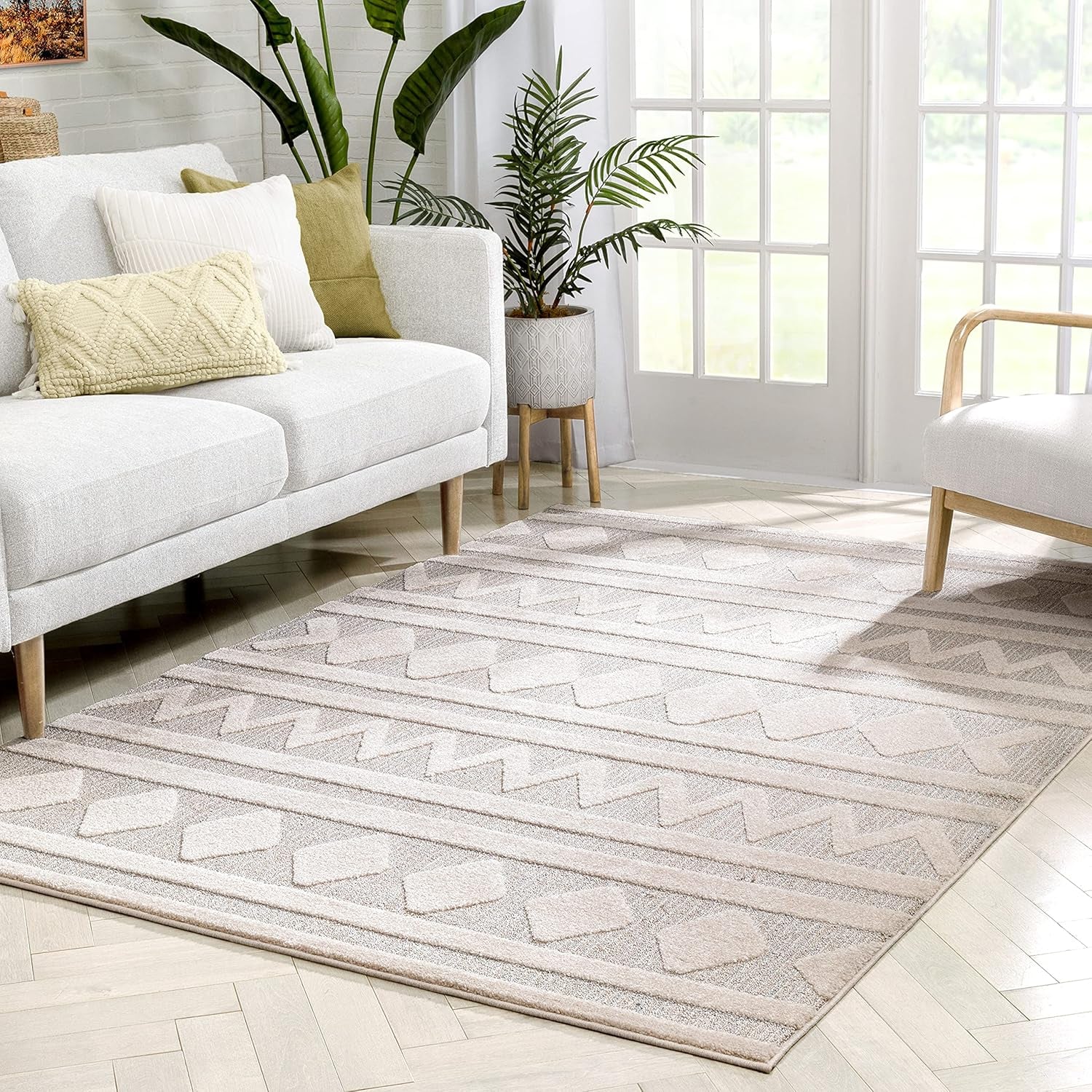 Harlow Zara Tribal Moroccan Diamond Pattern Beige High-Low 5'3" X 7'3" Area Rug