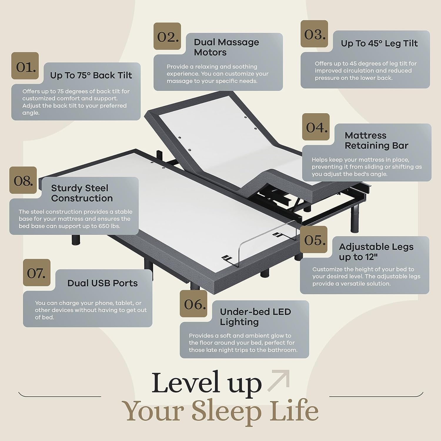 Classic Adjustable Bed Base, Head and Foot Lift, Massage, Under-Bed Lights, USB, Gel Memory, Zero Gravity Smart Frame - Split King + 14 Inch Hybrid Spring Matt (Medium Soft)