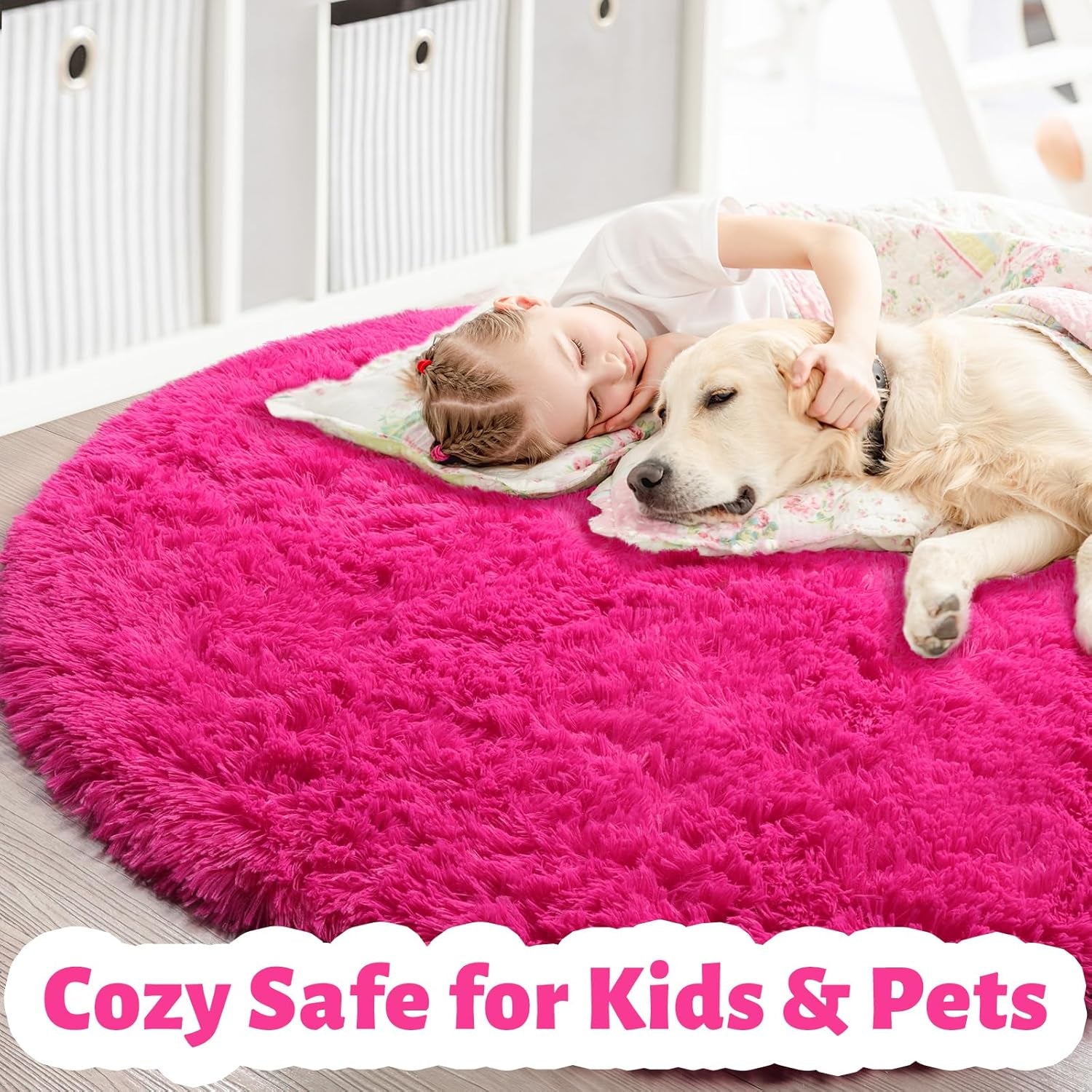Hot Pink round Rug 4Ft for Girls Bedroom, Fluffy Circle Area Rugs for Kids Room Decor Aesthetic, Shag Plush Fuzzy Furry Carpet for Living Room, Nursery, Dorm, Classroom, Teen, Cute Shaggy Baby Rug